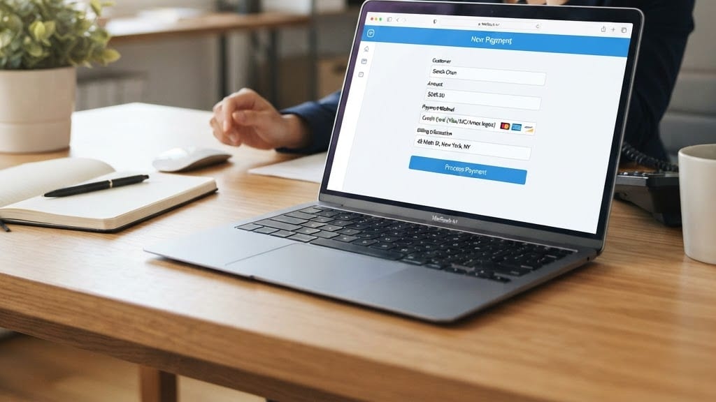 Business professional accepting a payment through a virtual terminal on a computer
