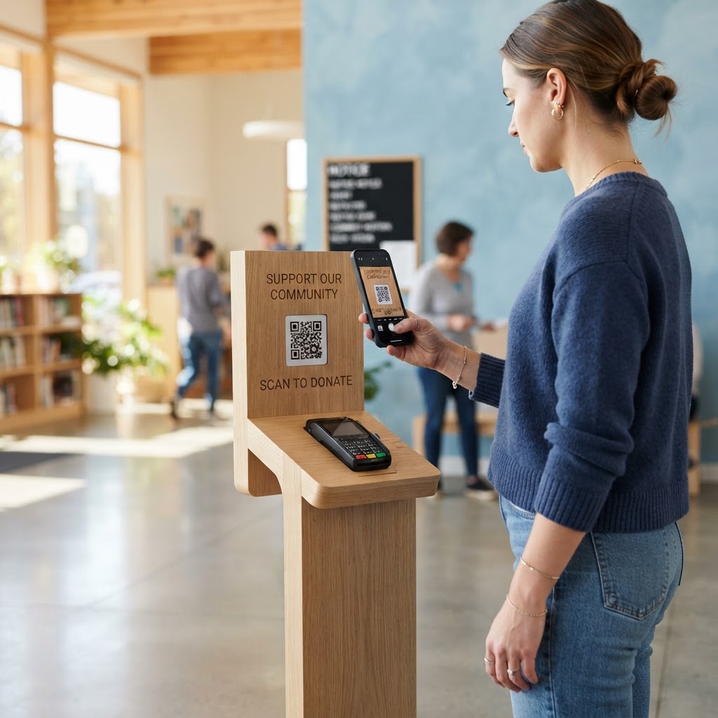 A person scanning a QR code with their smartphone at a community center donation display