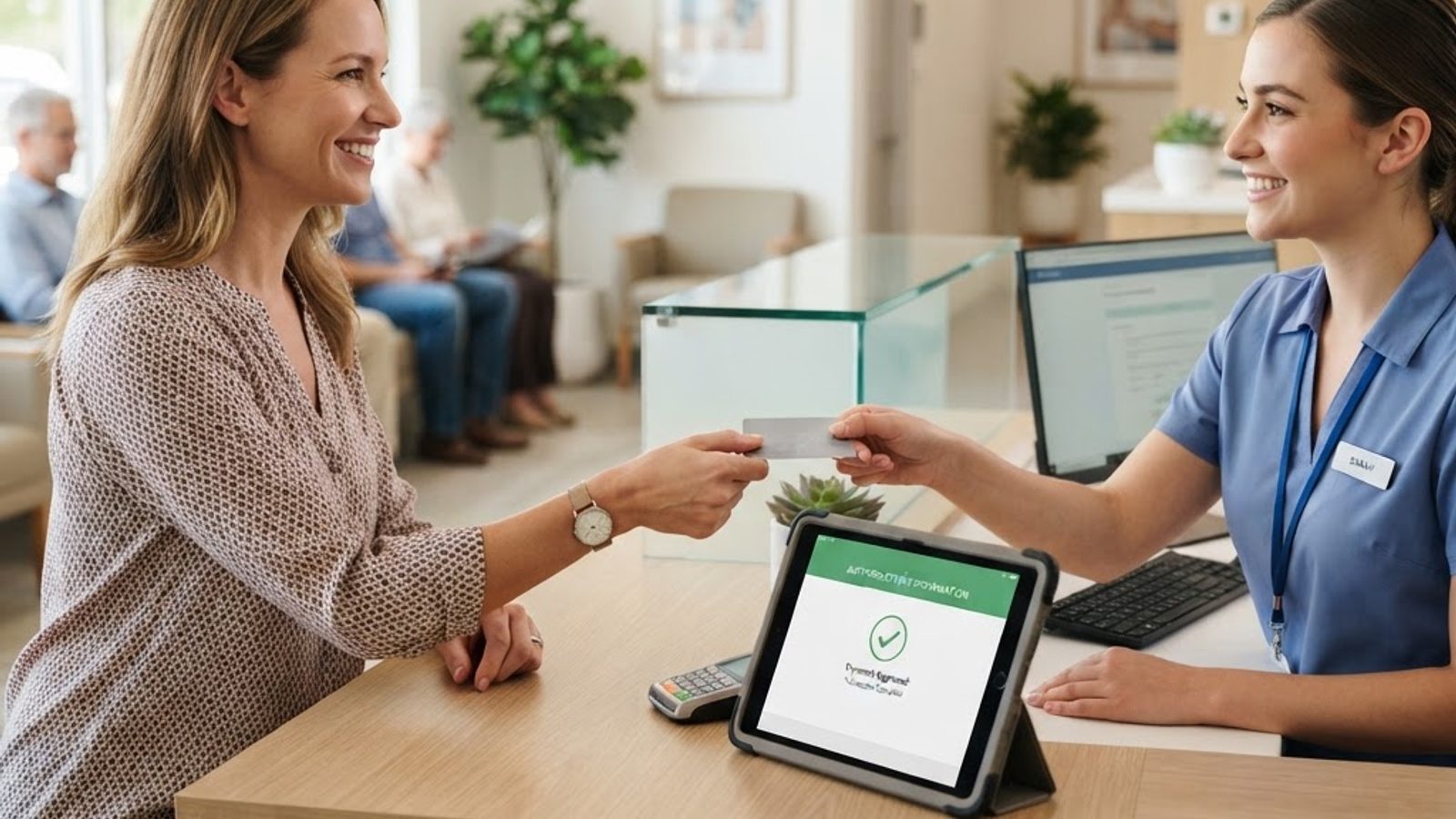 Patient handing a payment card to a receptionist at a medical office front desk, with a tablet showing the payment screen