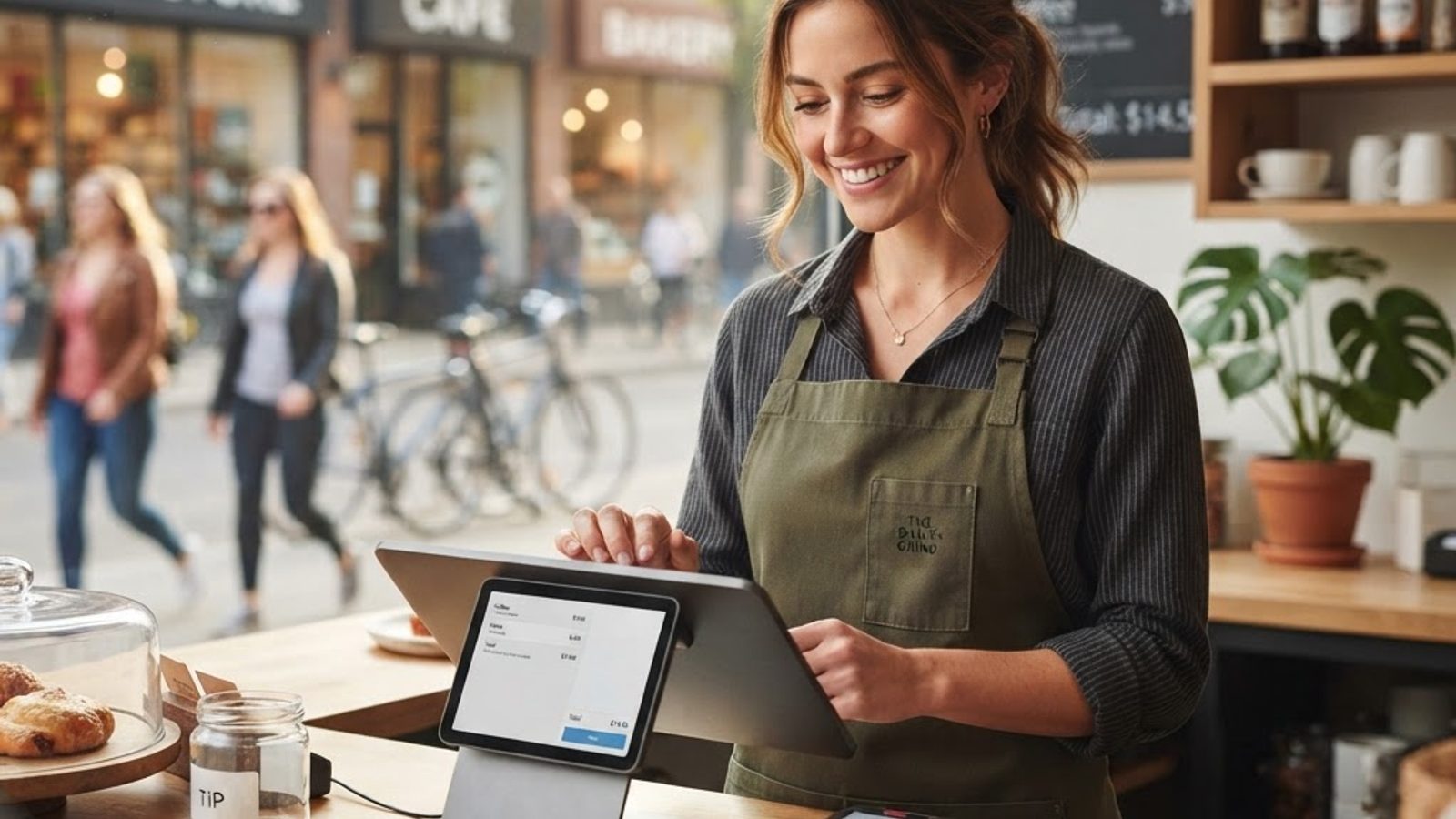 Cafe merchant using a point-of-sale terminal in a New York storefront environment