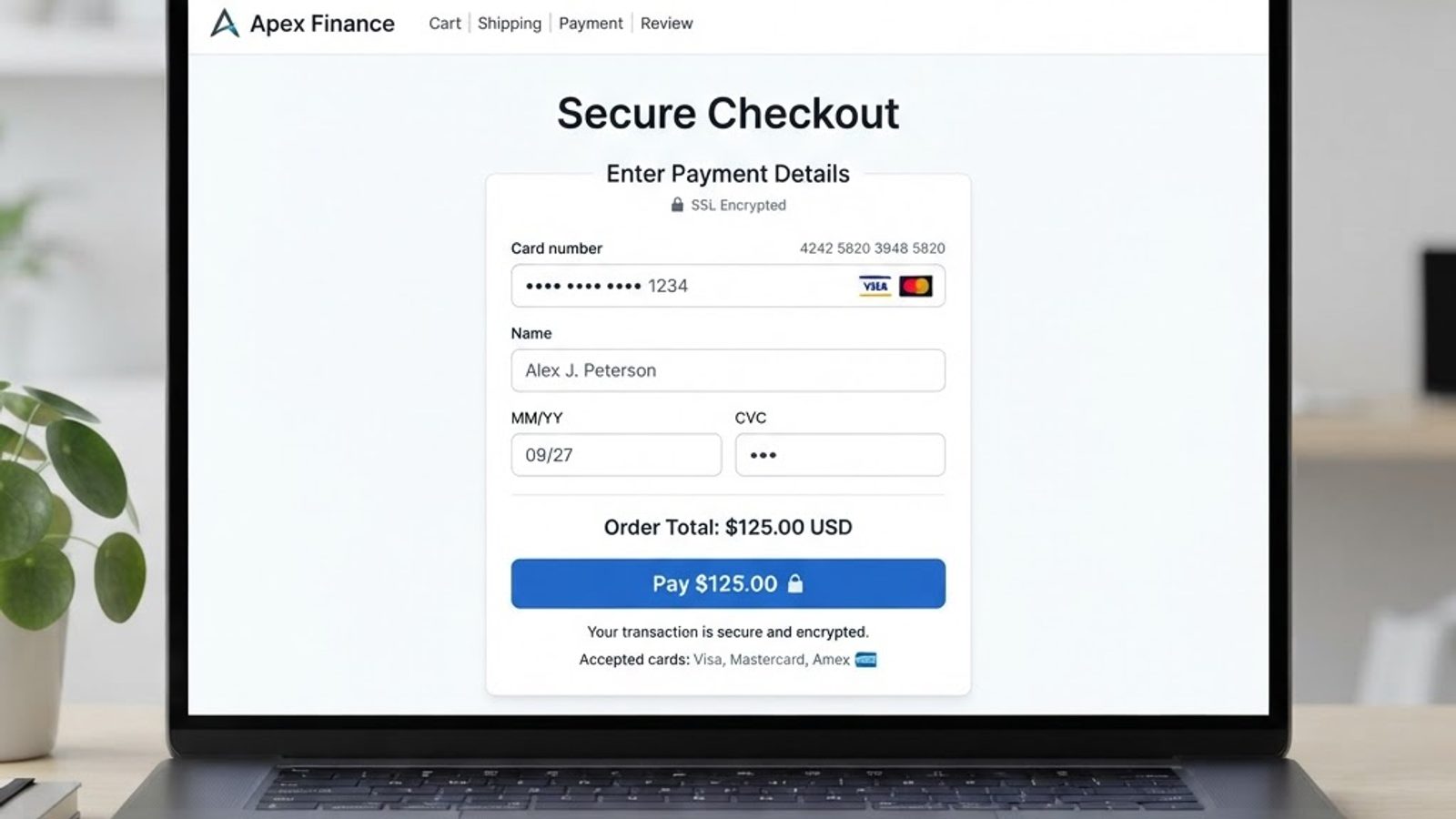Secure checkout page on a laptop with tokenized card fields and a pay button