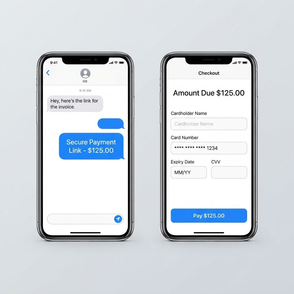 Two smartphones showing a payment link in a text message and the mobile checkout page it opens