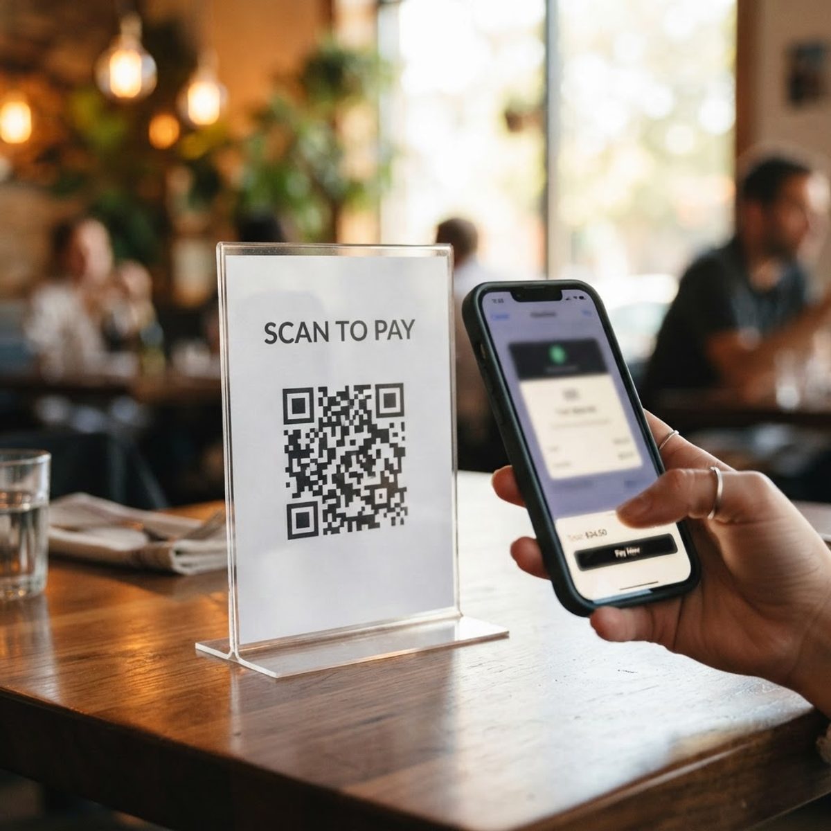 Smartphone scanning a scan-to-pay QR code on an acrylic table tent at a restaurant table