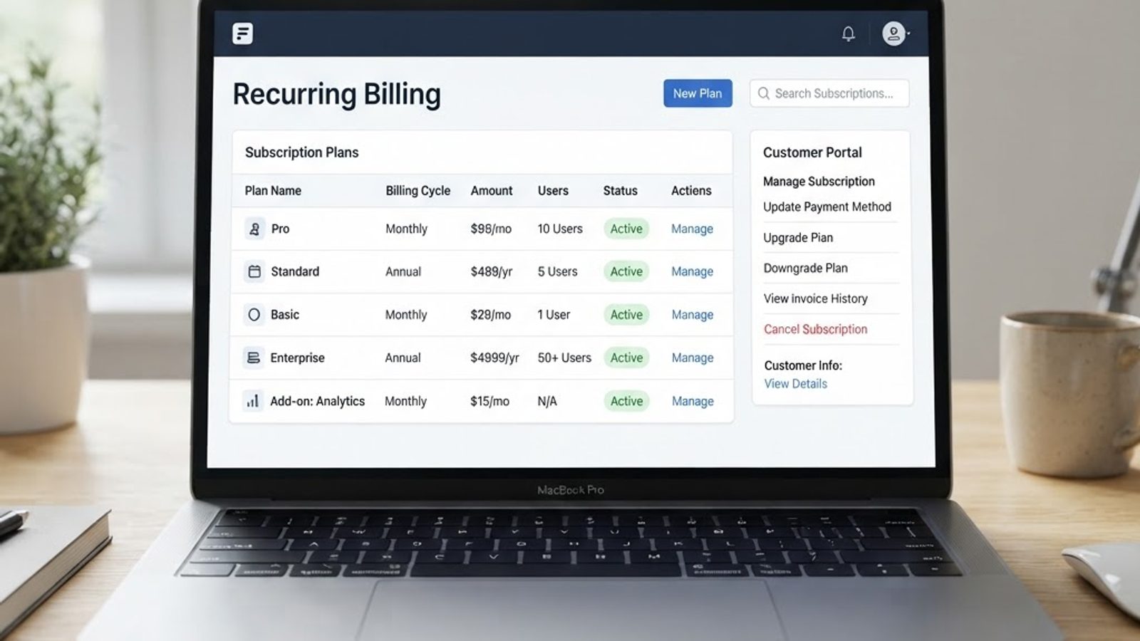 Recurring billing dashboard listing subscription plans with an active customer portal sidebar